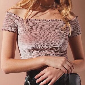 Urban Outfitters Light Before Dark Smocked Off-Shoulder Crop Top in Mauve